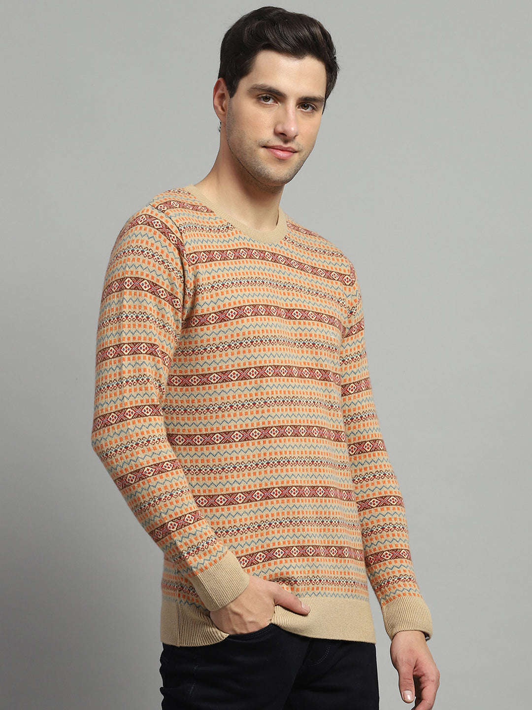 Luxuria Men Camel Brown Self Design Round Neck Full Sleeve Pullover