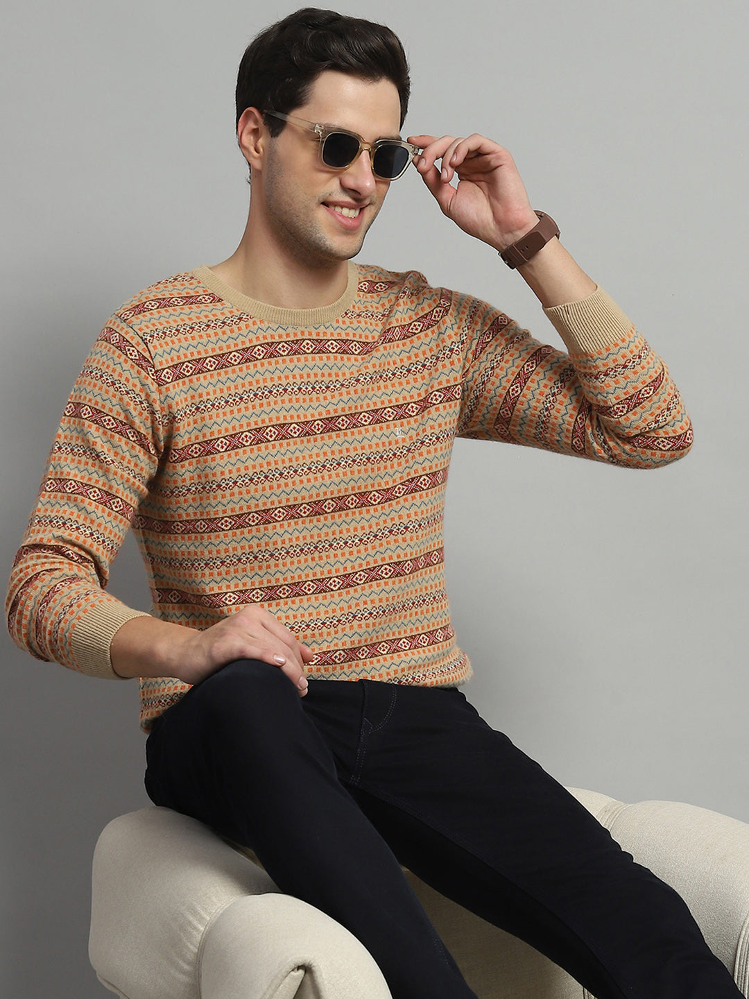 Luxuria Men Camel Brown Self Design Round Neck Full Sleeve Pullover
