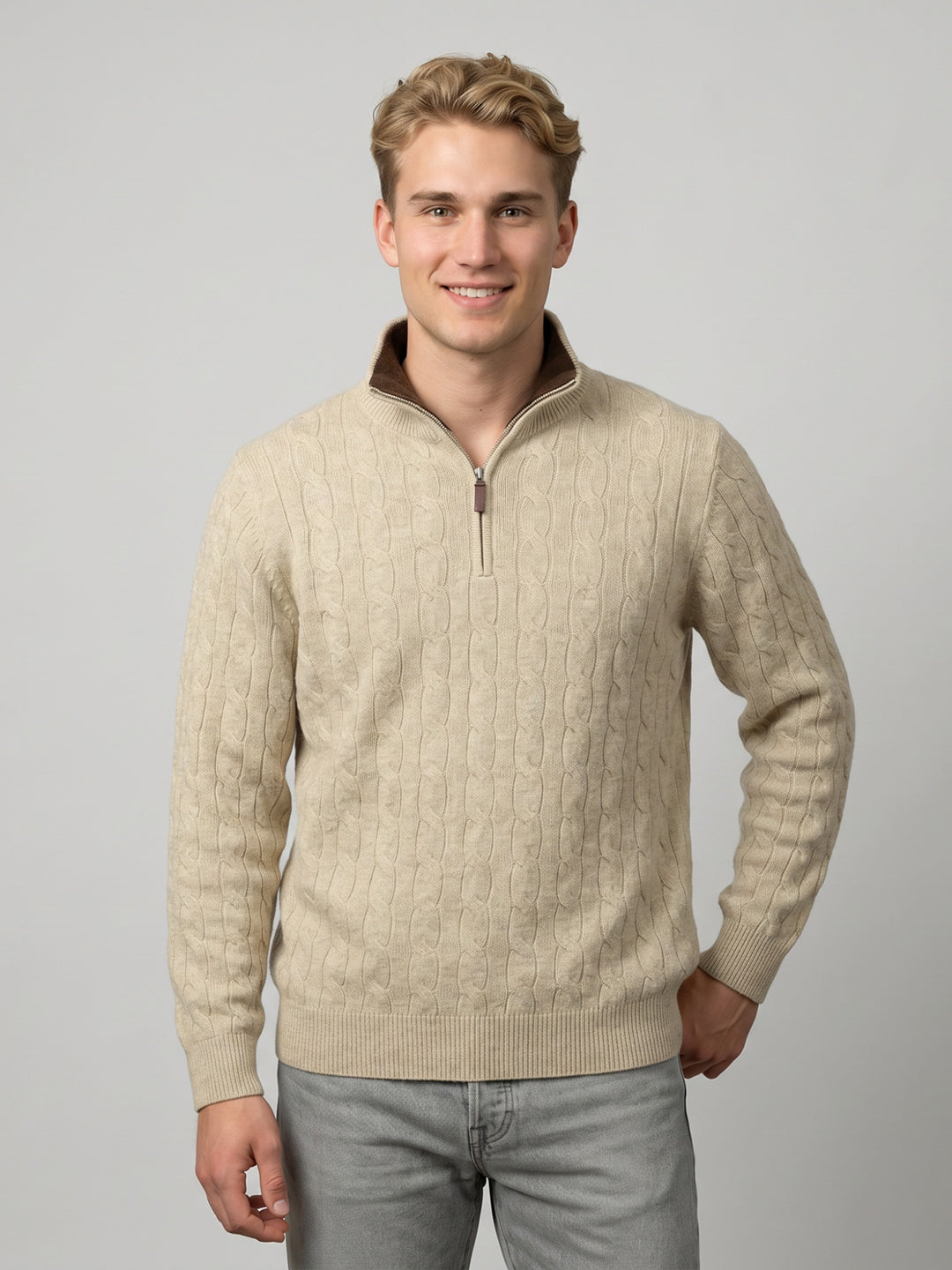 Luxuria Men Beige Self Design Collar Full Sleeve Pullover with Tasmania Lamb Neck Padding