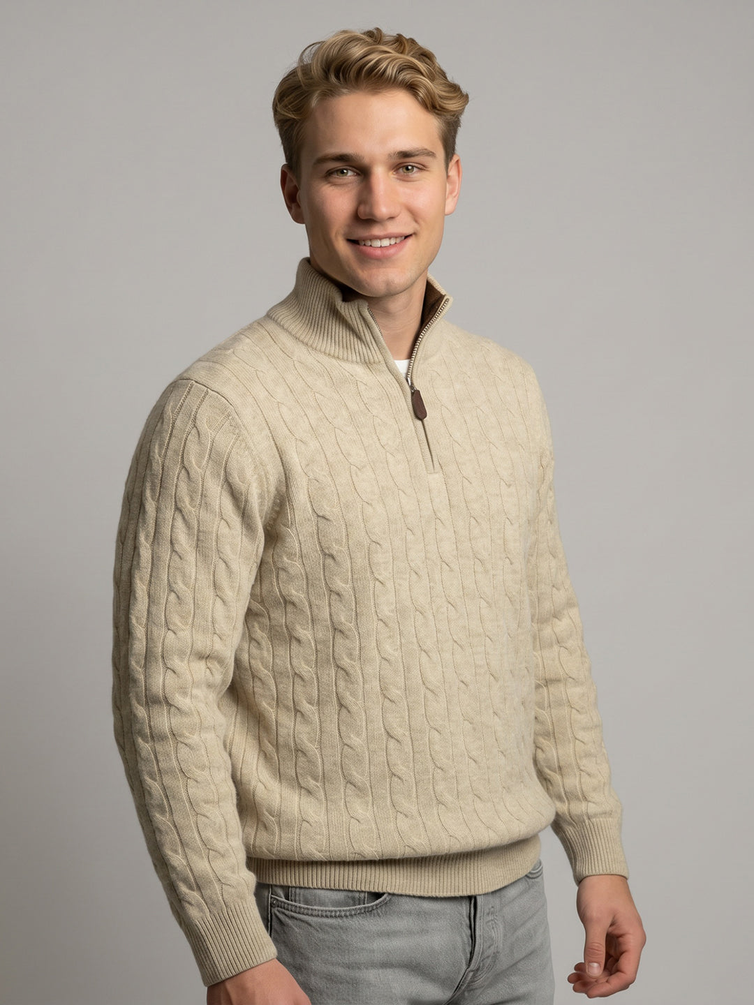 Luxuria Men Beige Self Design Collar Full Sleeve Pullover with Tasmania Lamb Neck Padding