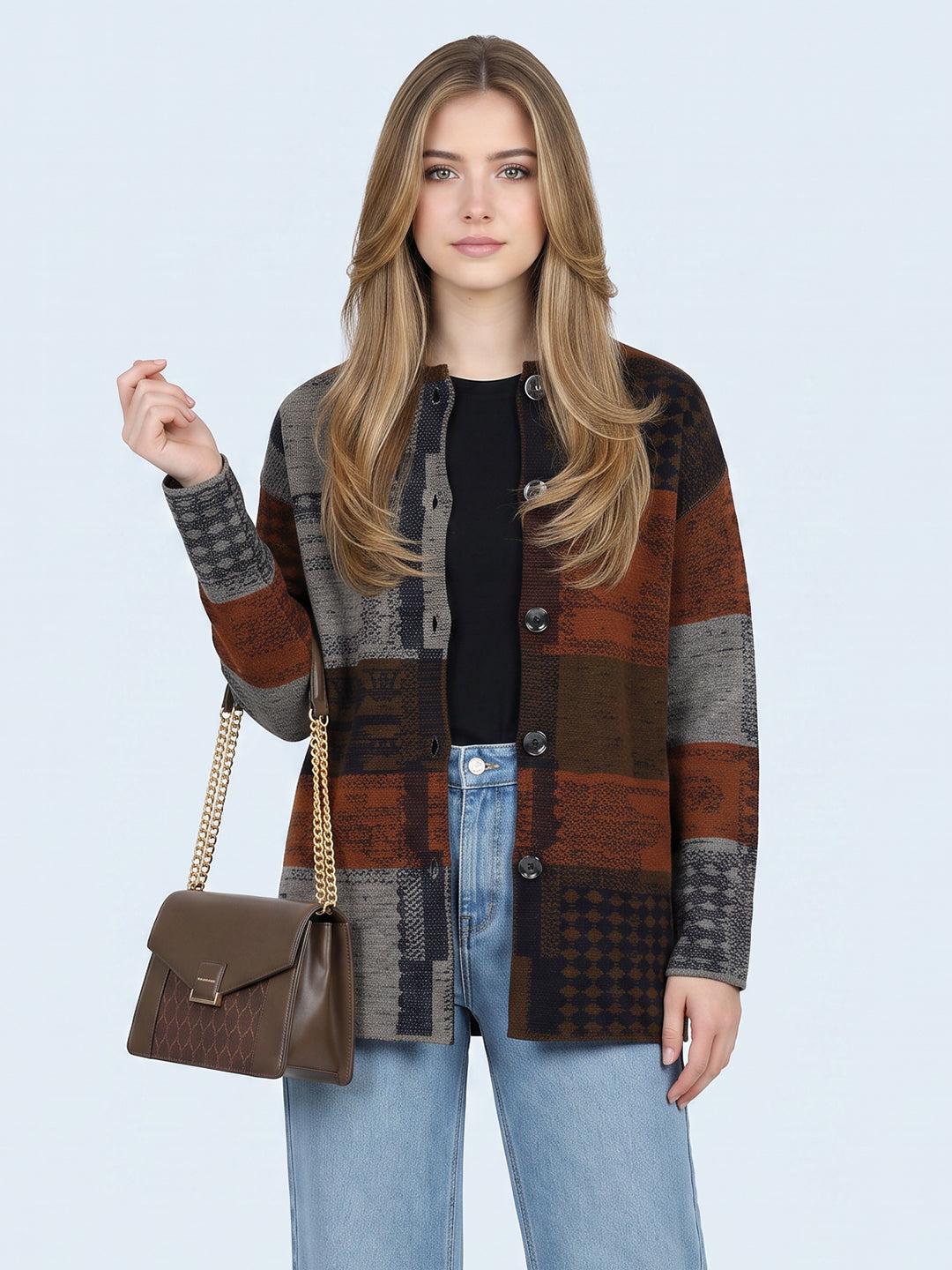 Luxuria Women Brown & Rust Colourblocked Round Neck Full Sleeve Knitted Coat