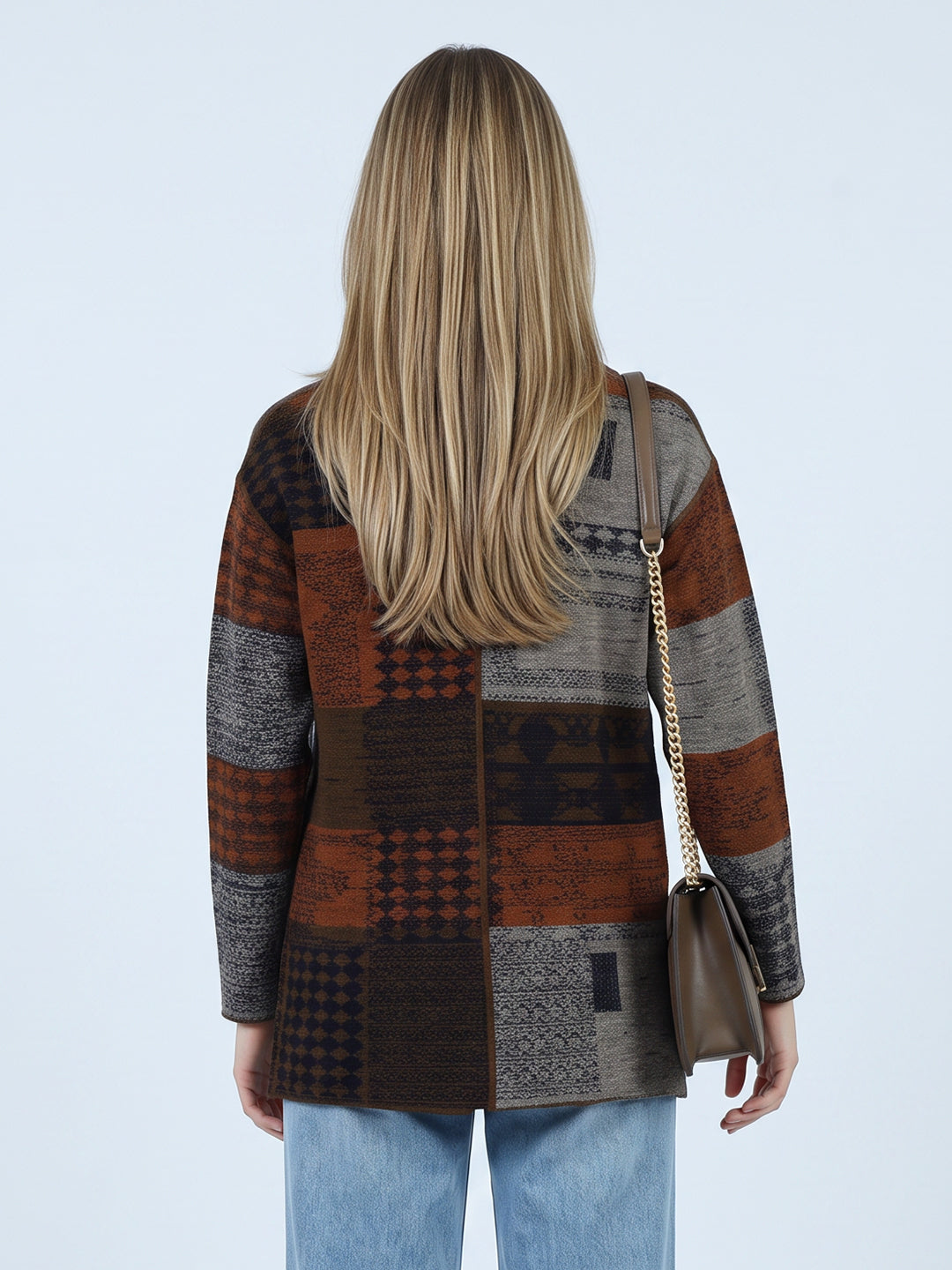 Luxuria Women Brown & Rust Colourblocked Round Neck Full Sleeve Knitted Coat