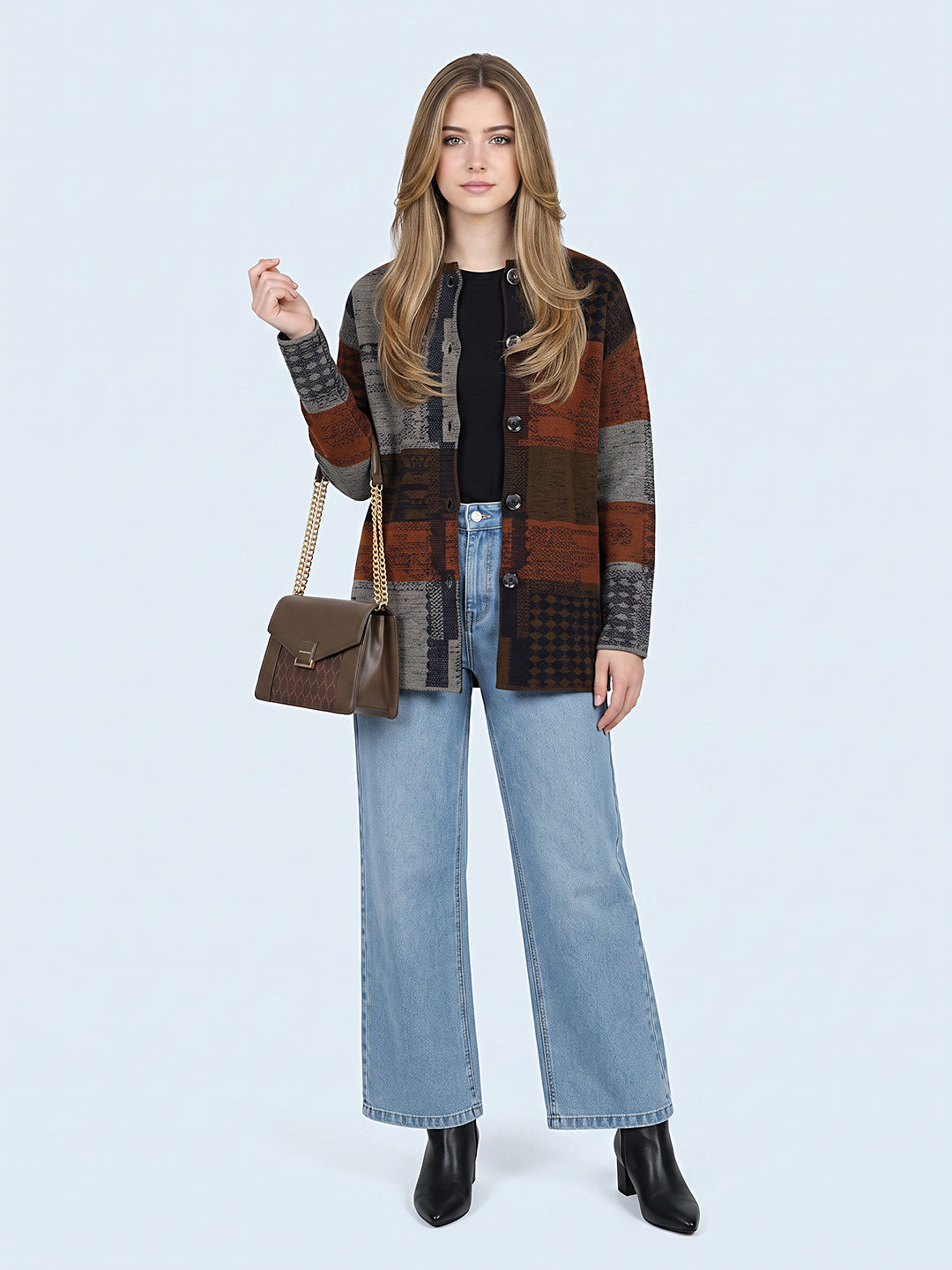 Luxuria Women Brown & Rust Colourblocked Round Neck Full Sleeve Knitted Coat