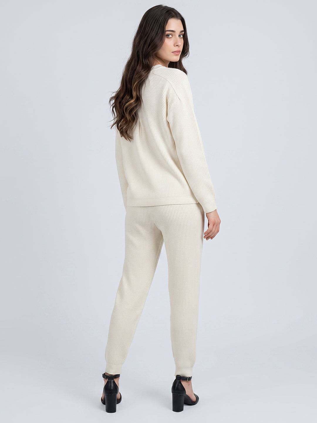Luxuria Women Cream Self Design Round Neck Full Sleeve Cords Set