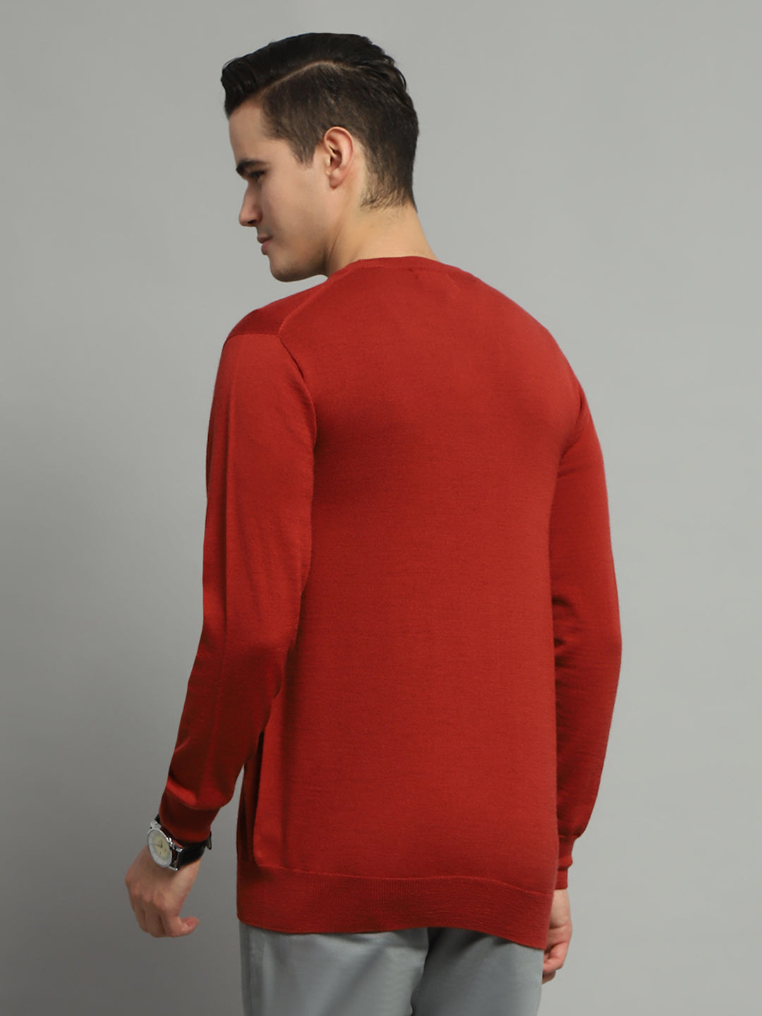 Luxuria Men Rust Solid V Neck Full Sleeve Pullover