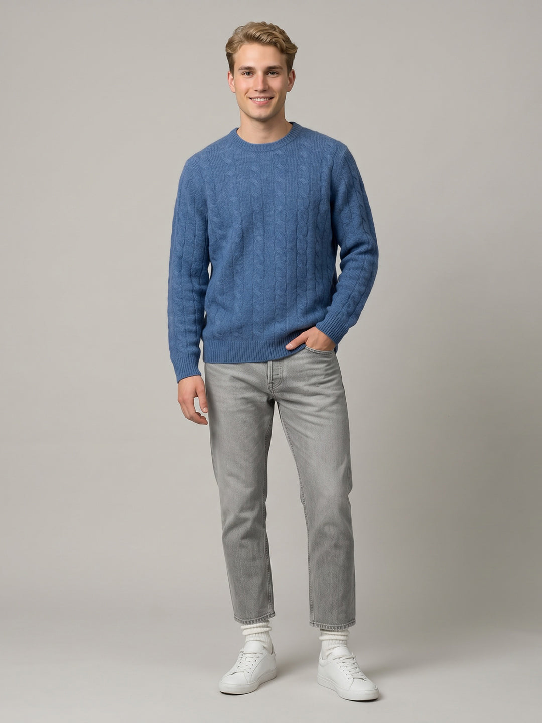 Luxuria Men Blue Self Design Round Neck Full Sleeve Pullover