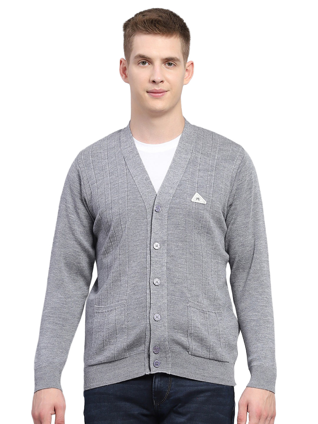 Men Grey Solid V Neck Full Sleeve Cardigan