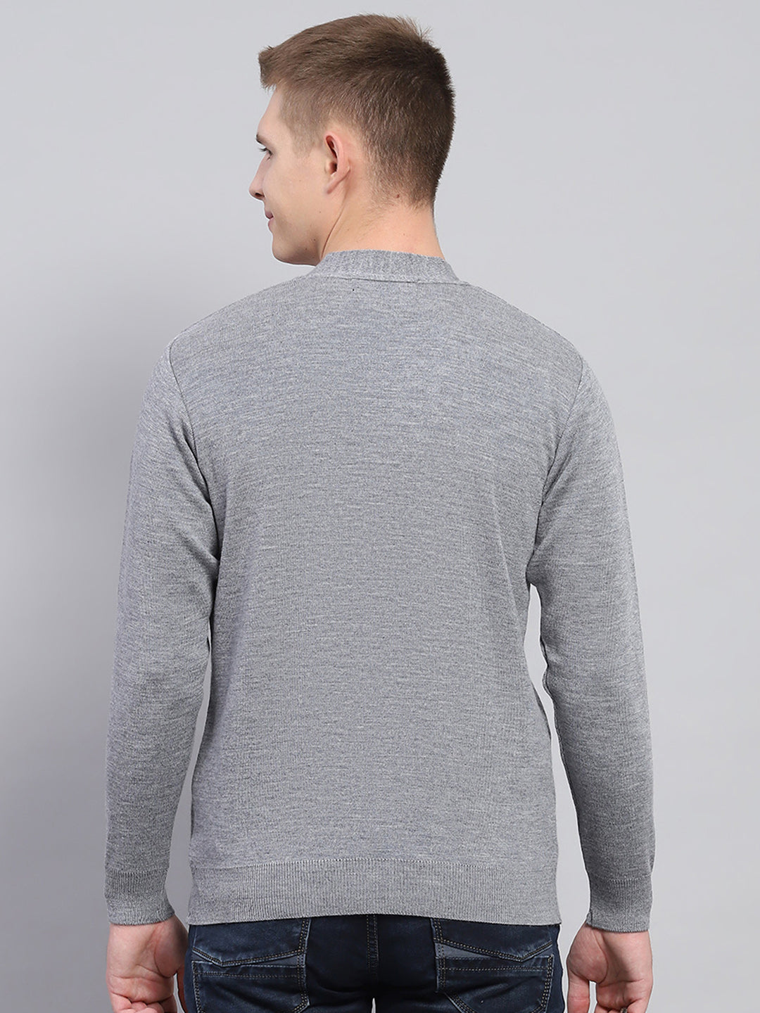 Men Grey Solid V Neck Full Sleeve Cardigan