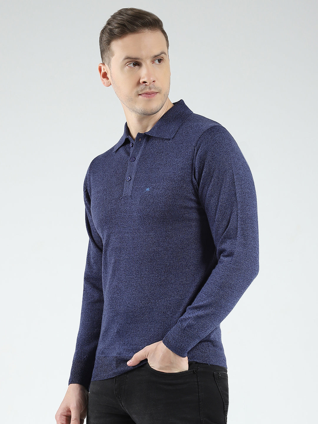 Men Navy Blue Solid Collar Full Sleeve Winter T-Shirt