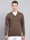 Men Brown Solid V Neck Full Sleeve Pullover