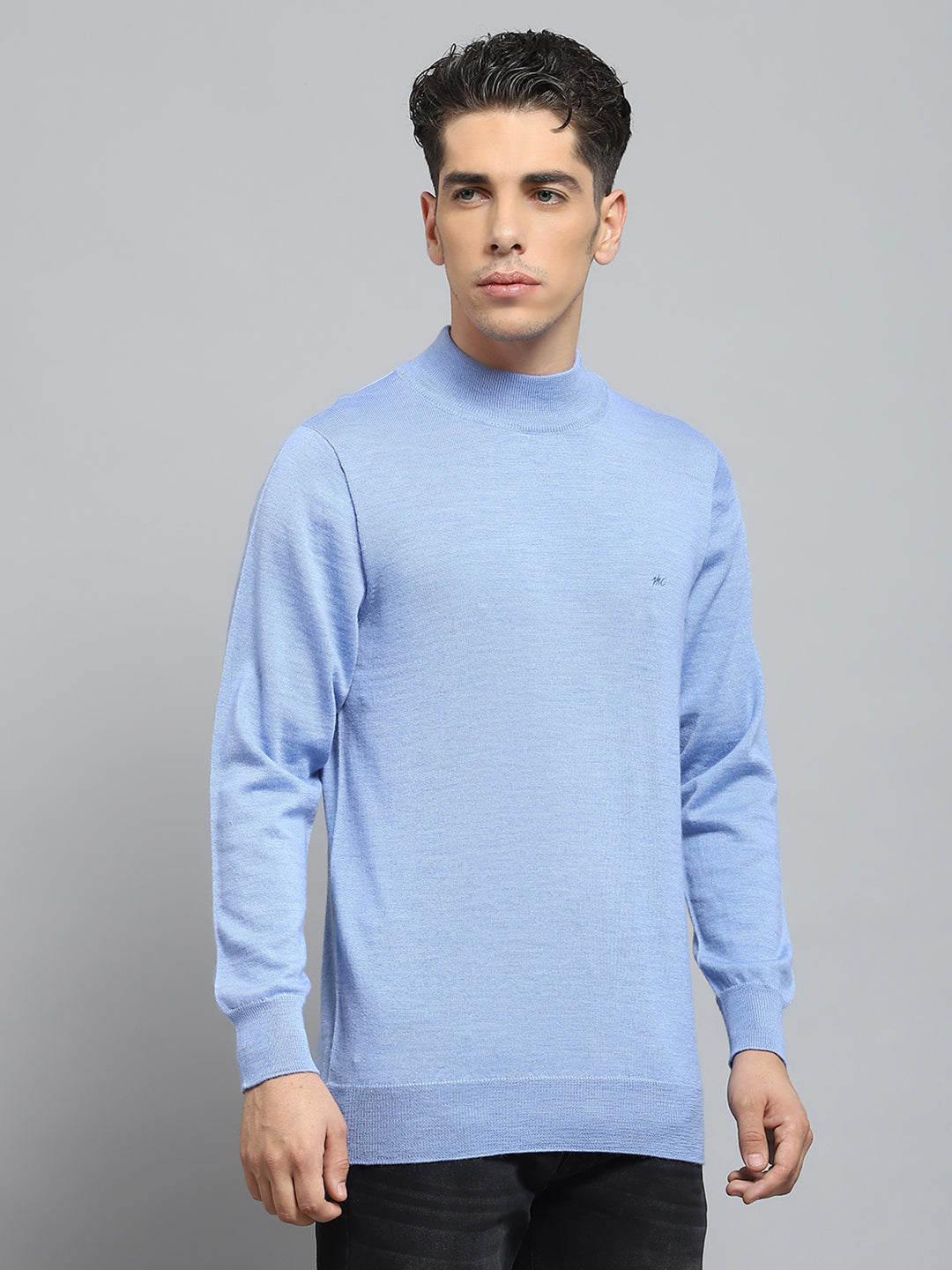 Men Blue Solid Mock Neck Full Sleeve Pullover