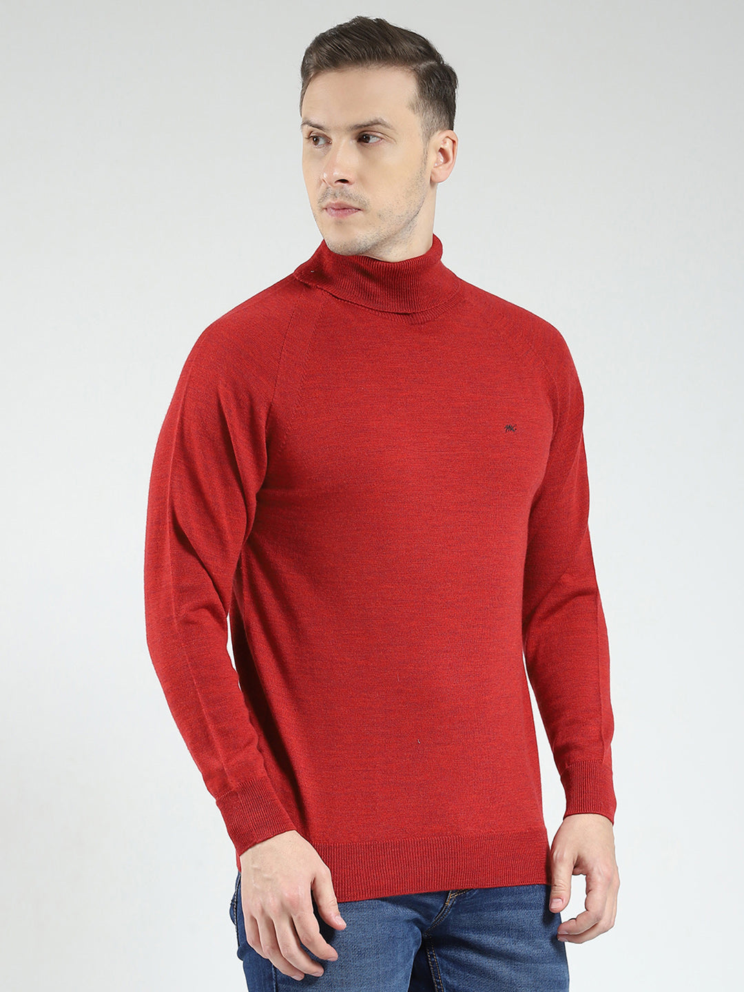 Men Maroon Solid High Neck Full Sleeve Pullover