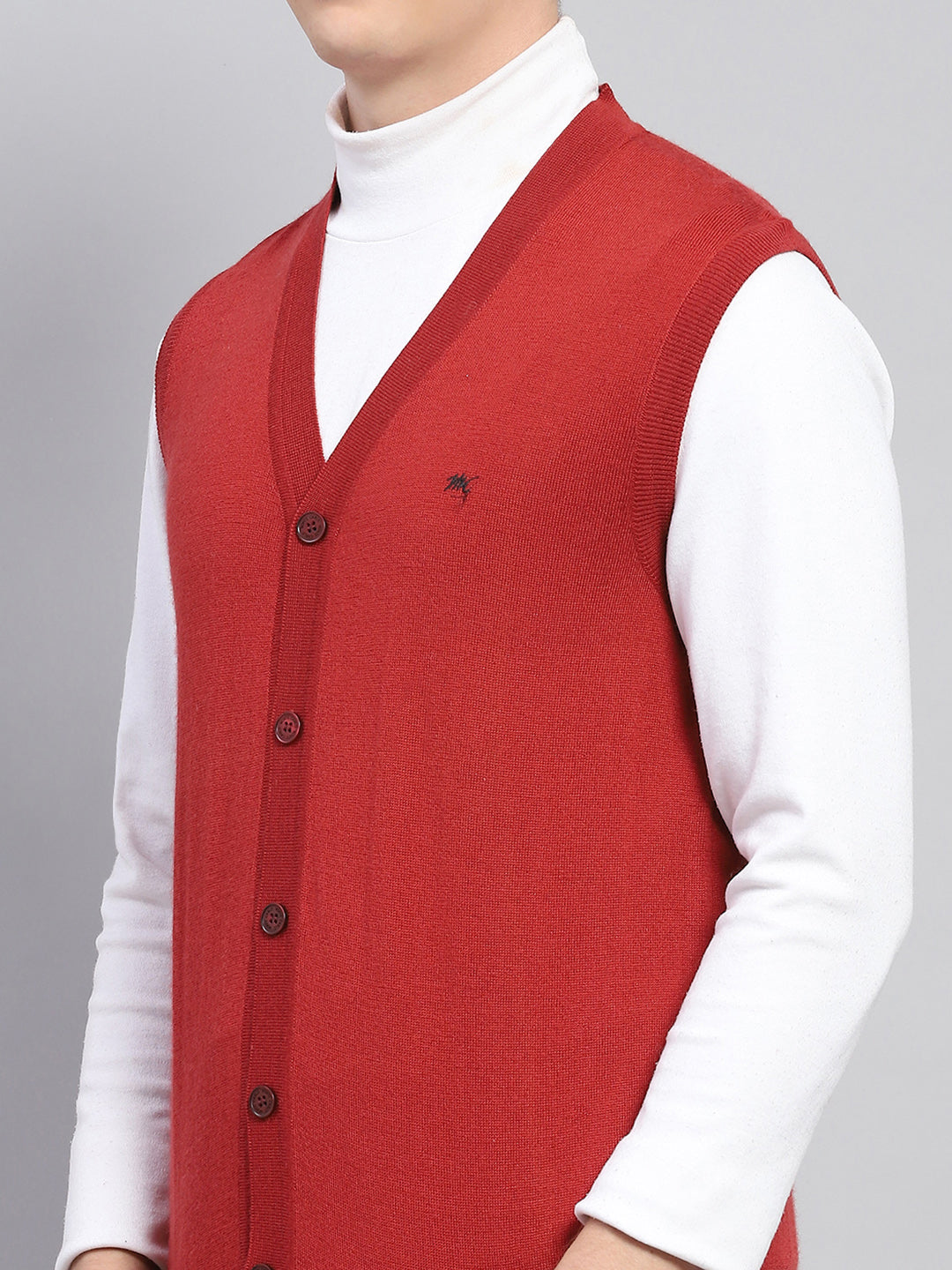 Men Red Solid V Neck Sleeveless Cardigan