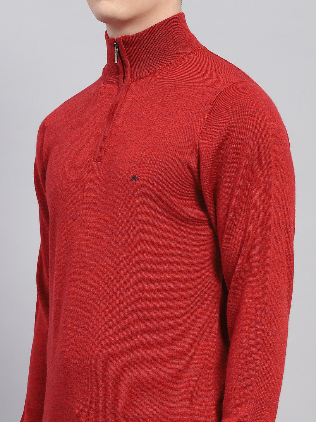 Men Maroon Solid Mock Neck Full Sleeve Pullover
