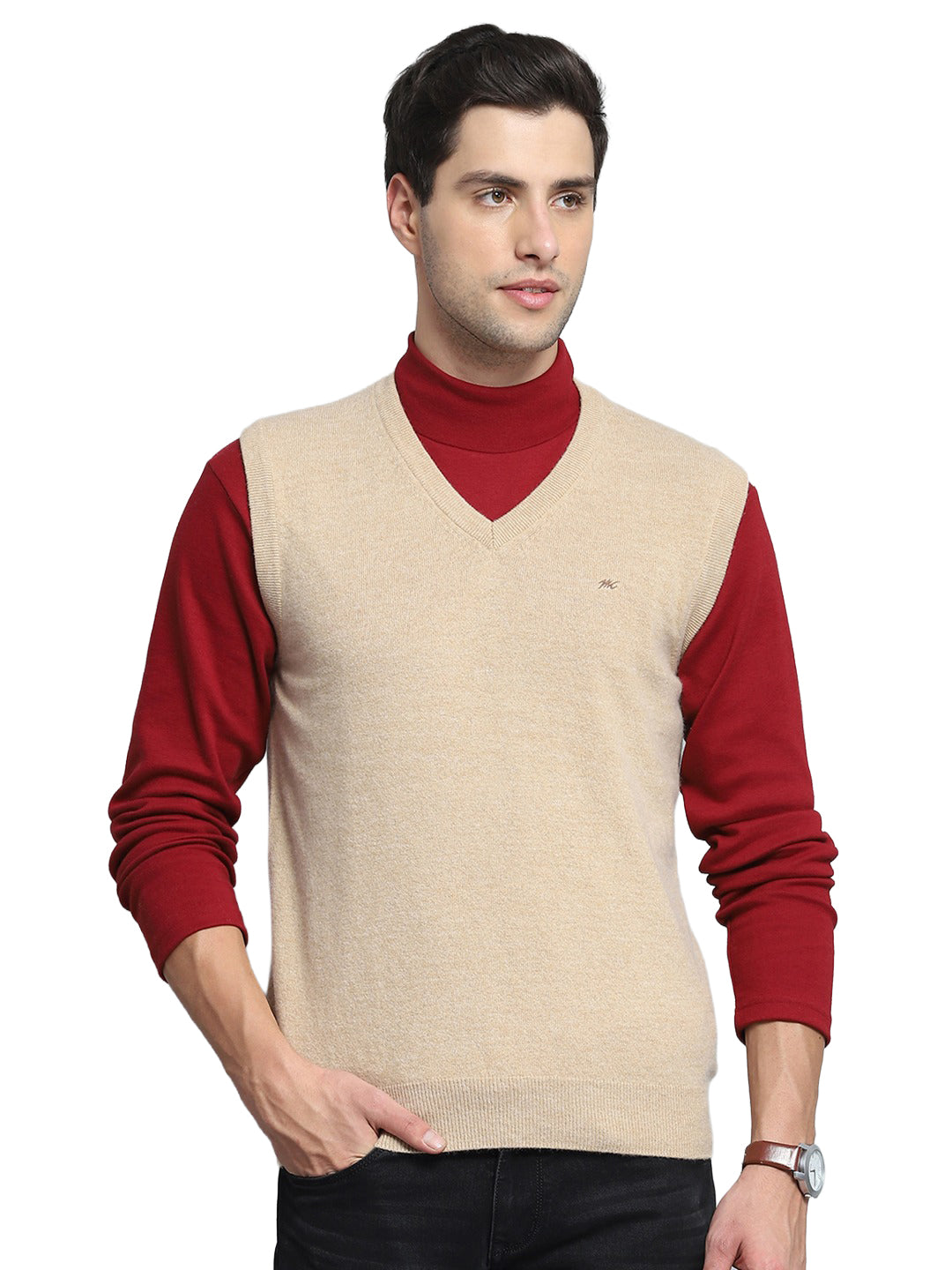 Men Camel Brown Solid V Neck Sleeveless Sweater