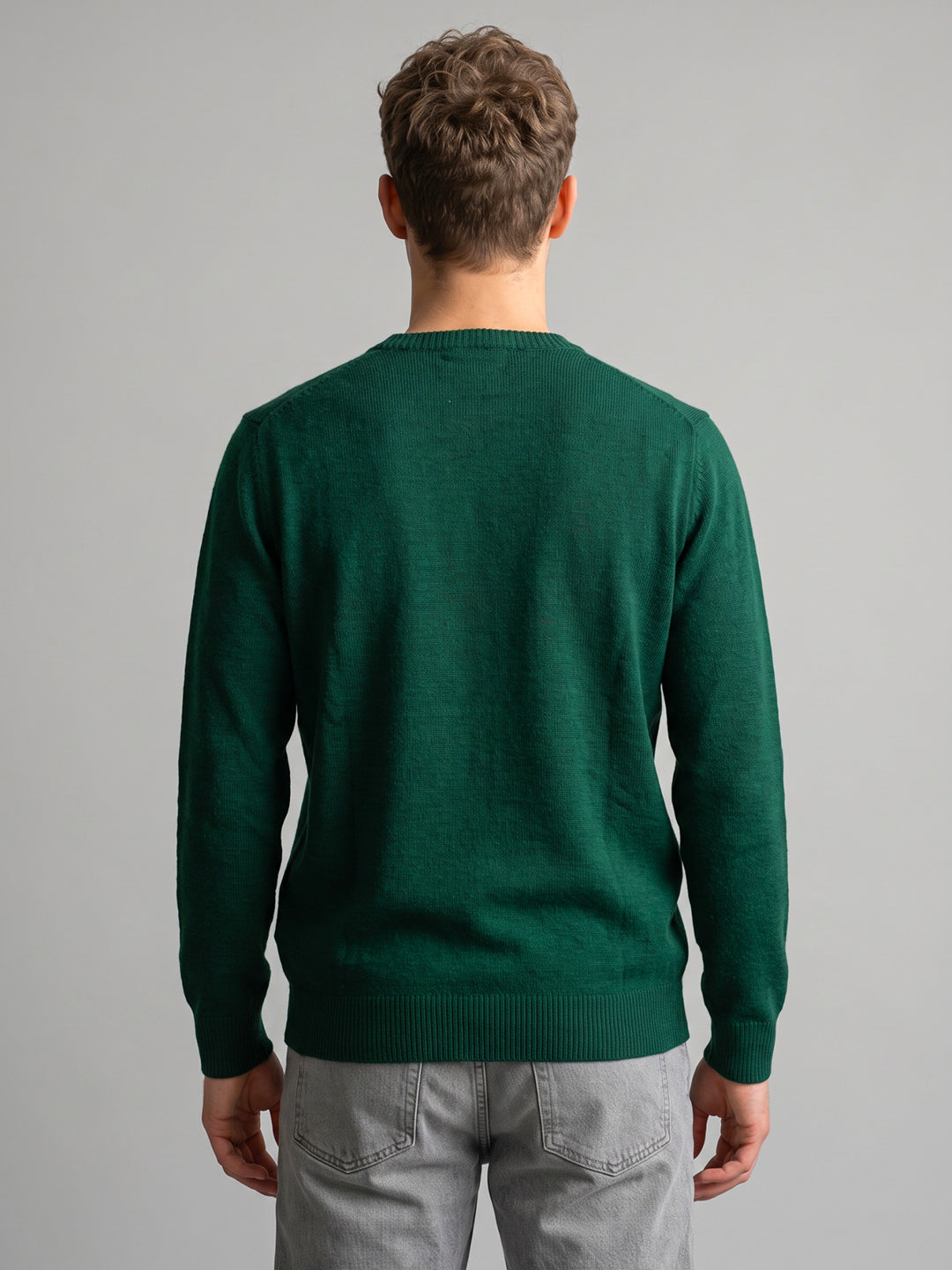 Men Green Solid V Neck Full Sleeve Pullover