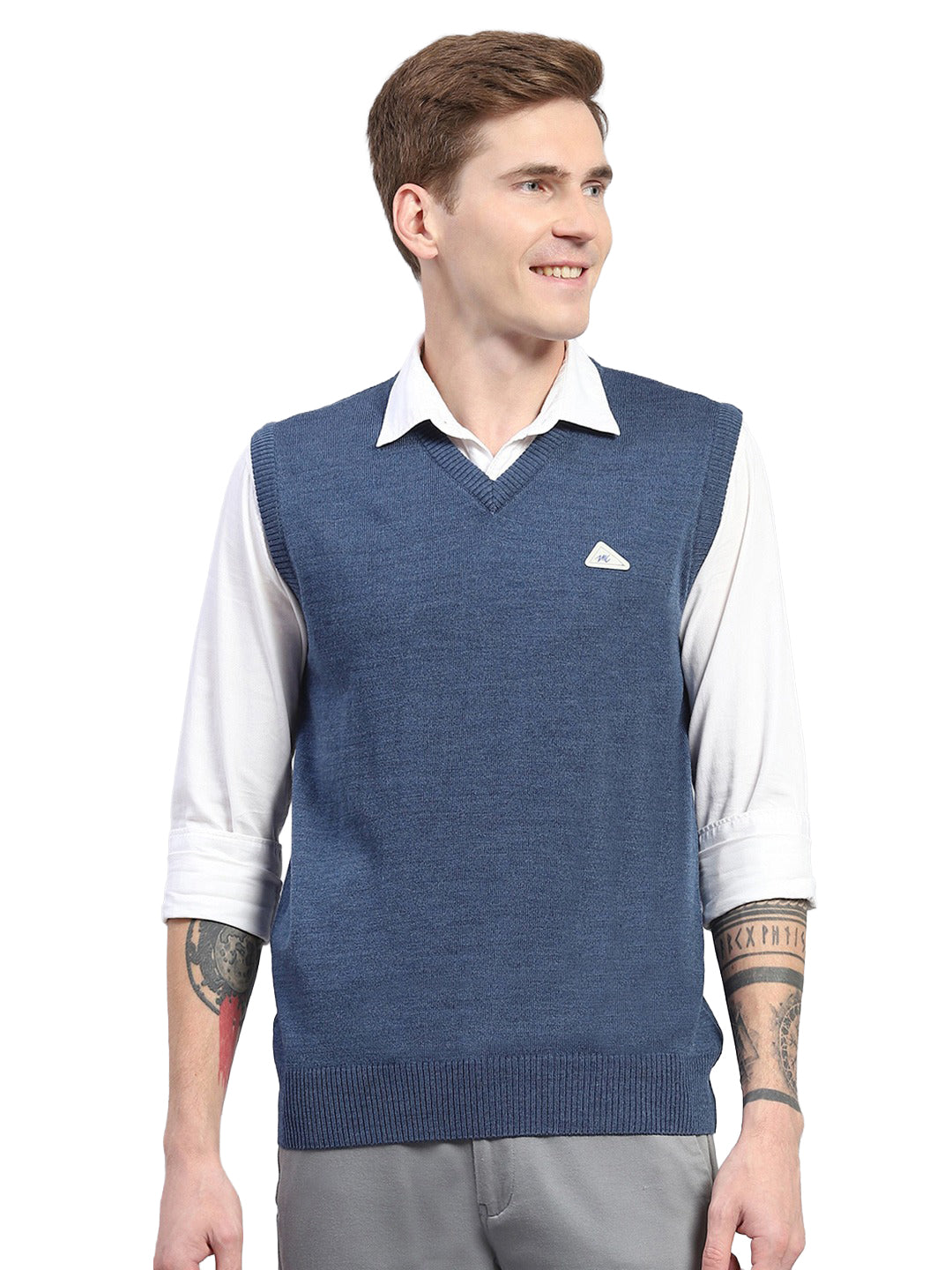 Men Blue Solid V Neck Sleeveless Sweater