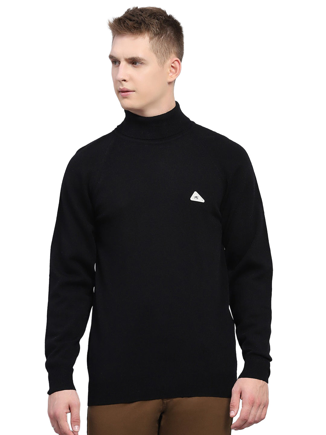Men Black Solid High Neck Full Sleeve Pullover