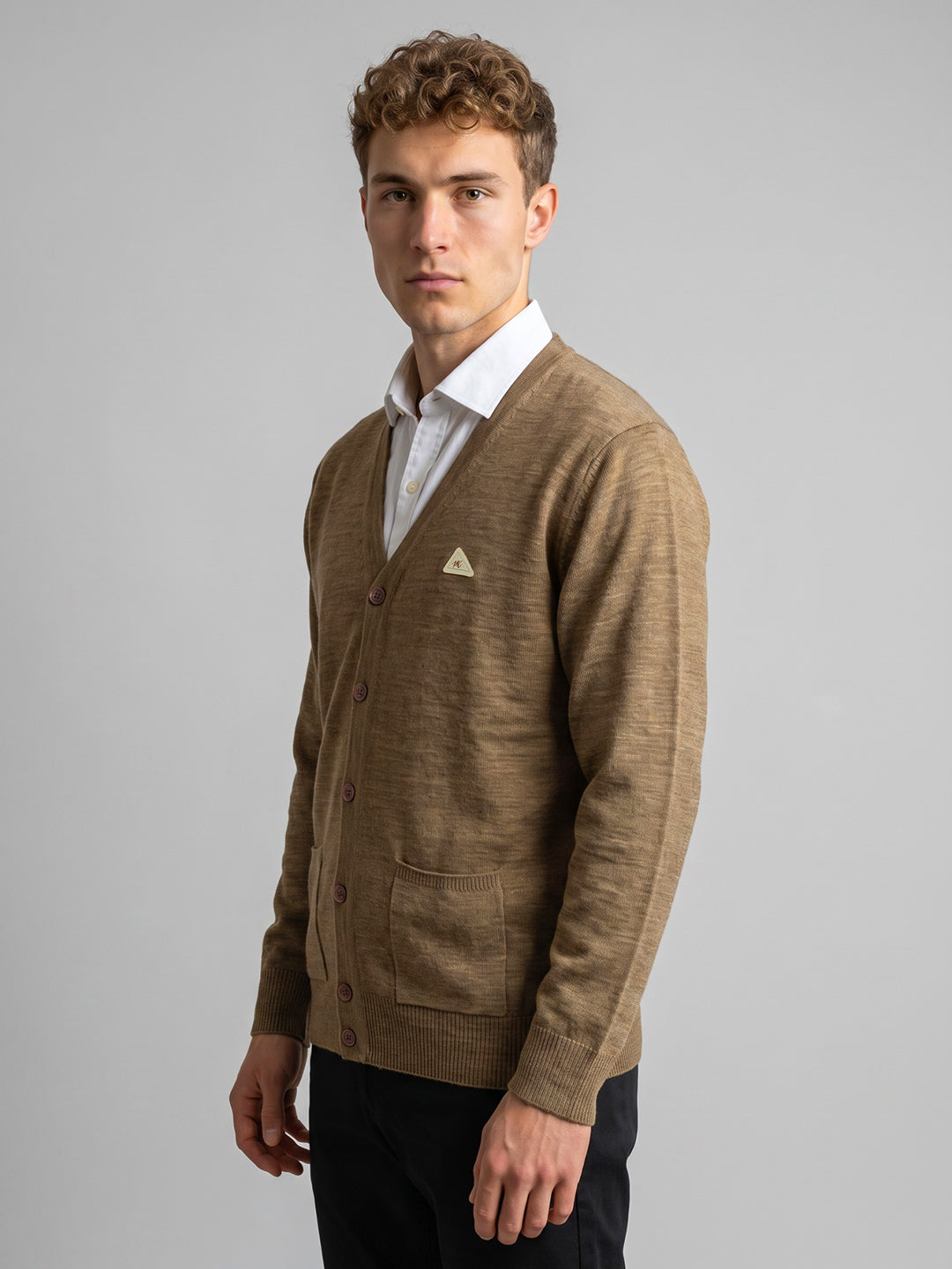 Men Tan Solid V Neck Full Sleeve Cardigan