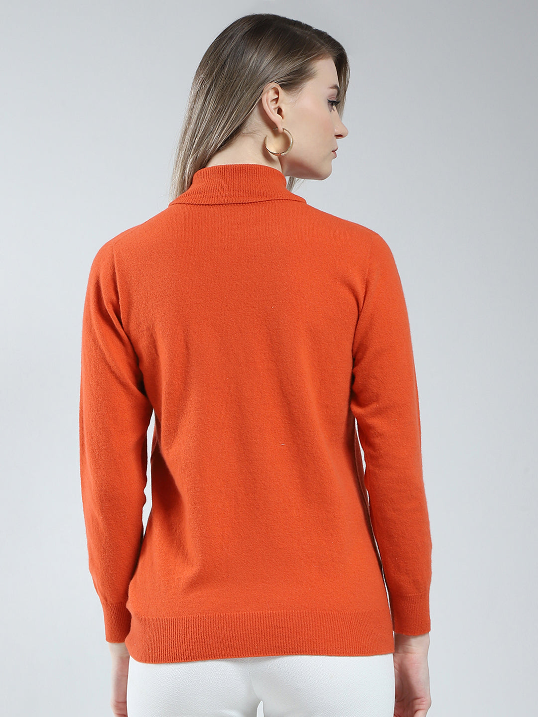 Women Orange Solid High Neck Full Sleeve Winter Top