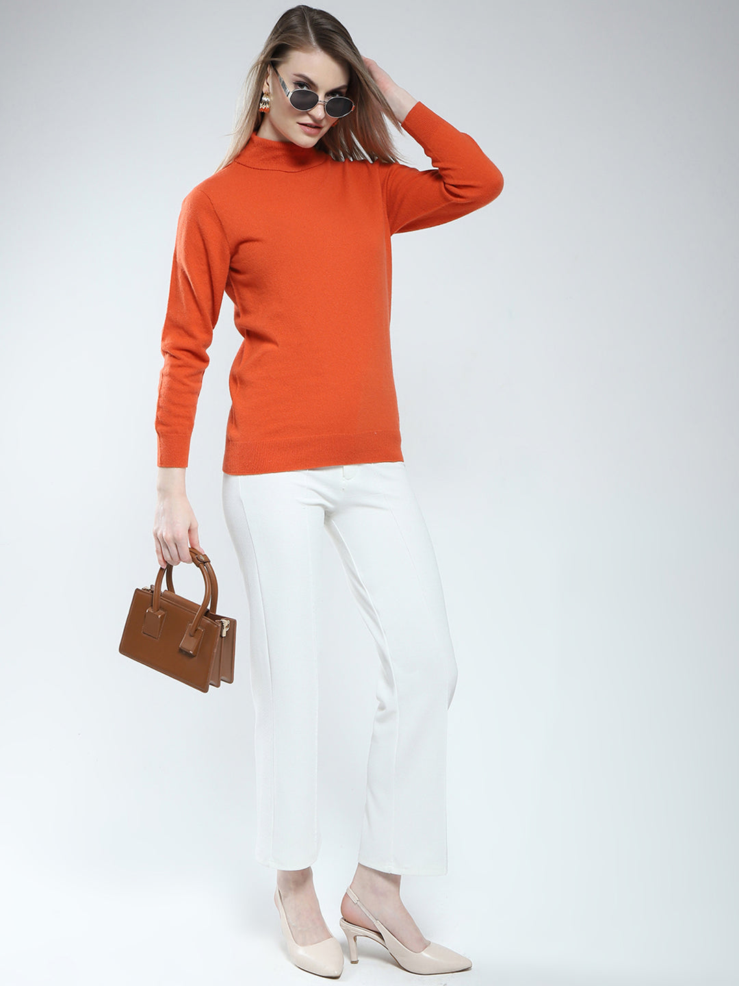 Women Orange Solid High Neck Full Sleeve Winter Top