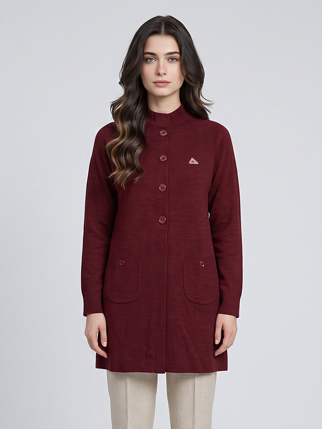 Women Maroon Solid Mandarin Collar Raglan Sleeve Cardigan