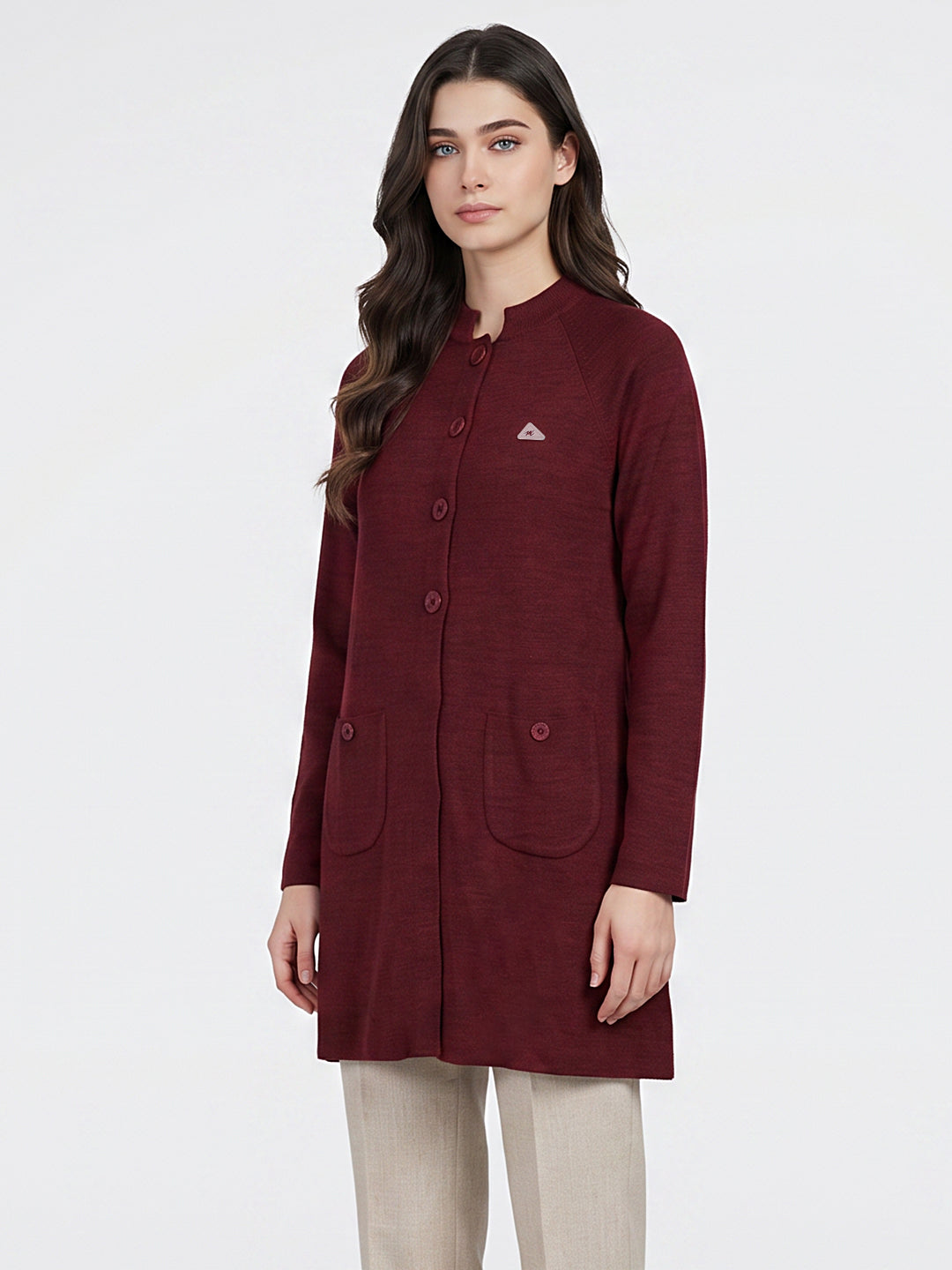 Women Maroon Solid Mandarin Collar Raglan Sleeve Cardigan