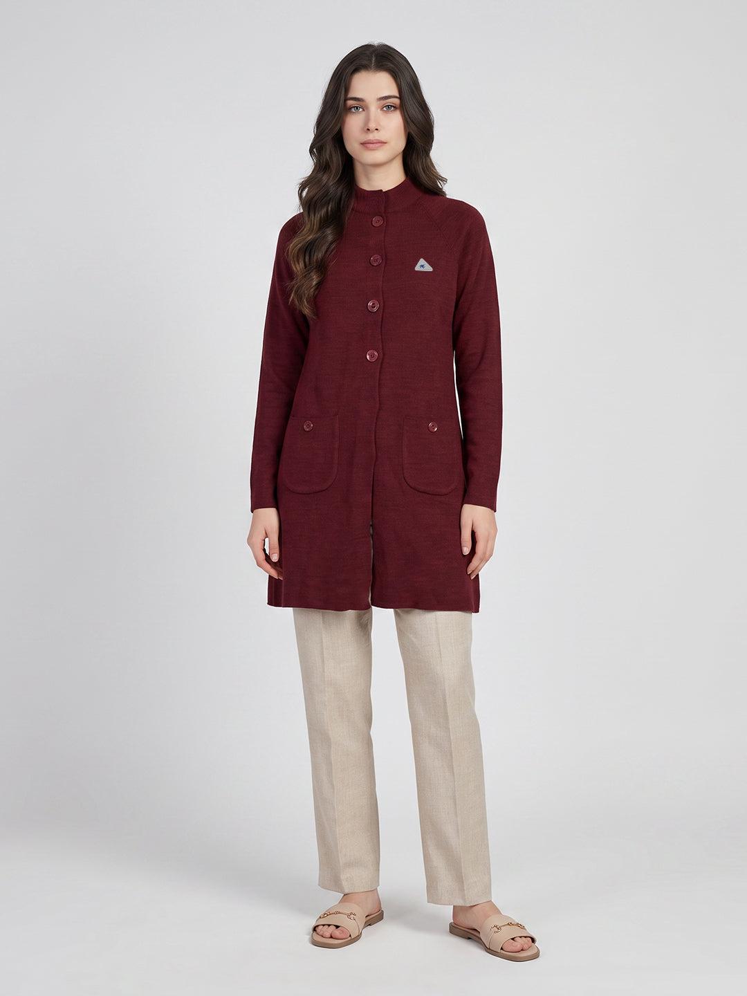 Women Maroon Solid Mandarin Collar Raglan Sleeve Cardigan