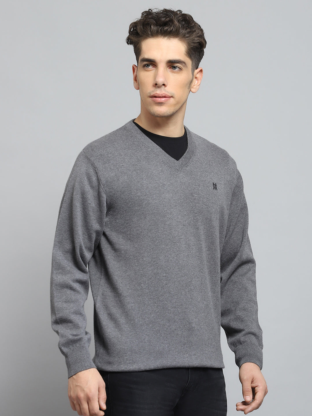 Men Grey Solid V Neck Full Sleeve Pullover