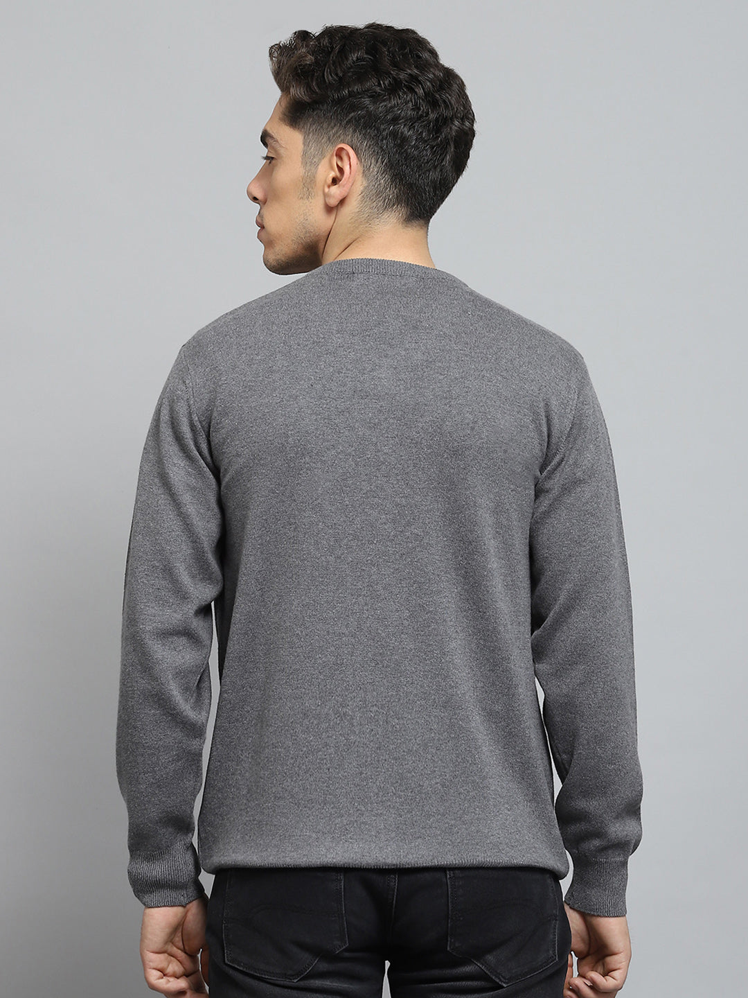 Men Grey Solid V Neck Full Sleeve Pullover