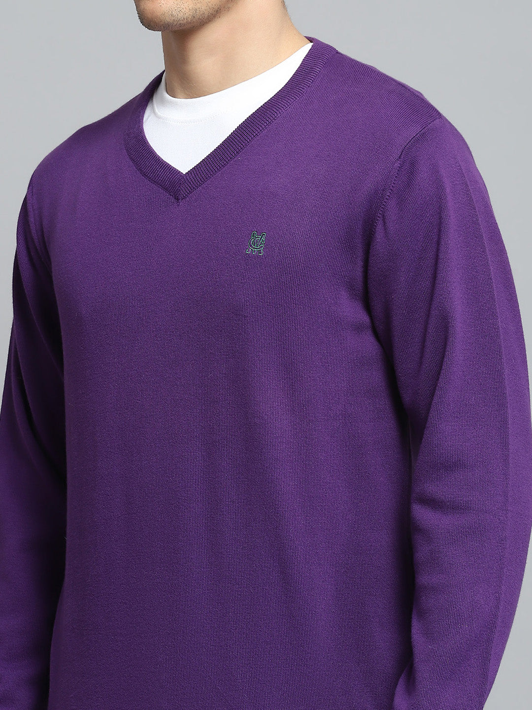 Men Purple Solid V Neck Full Sleeve Pullover