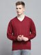 Men Maroon Solid V Neck Full Sleeve Pullover