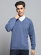Men Blue Solid V Neck Full Sleeve Pullover