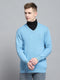 Men Blue Solid V Neck Full Sleeve Pullover