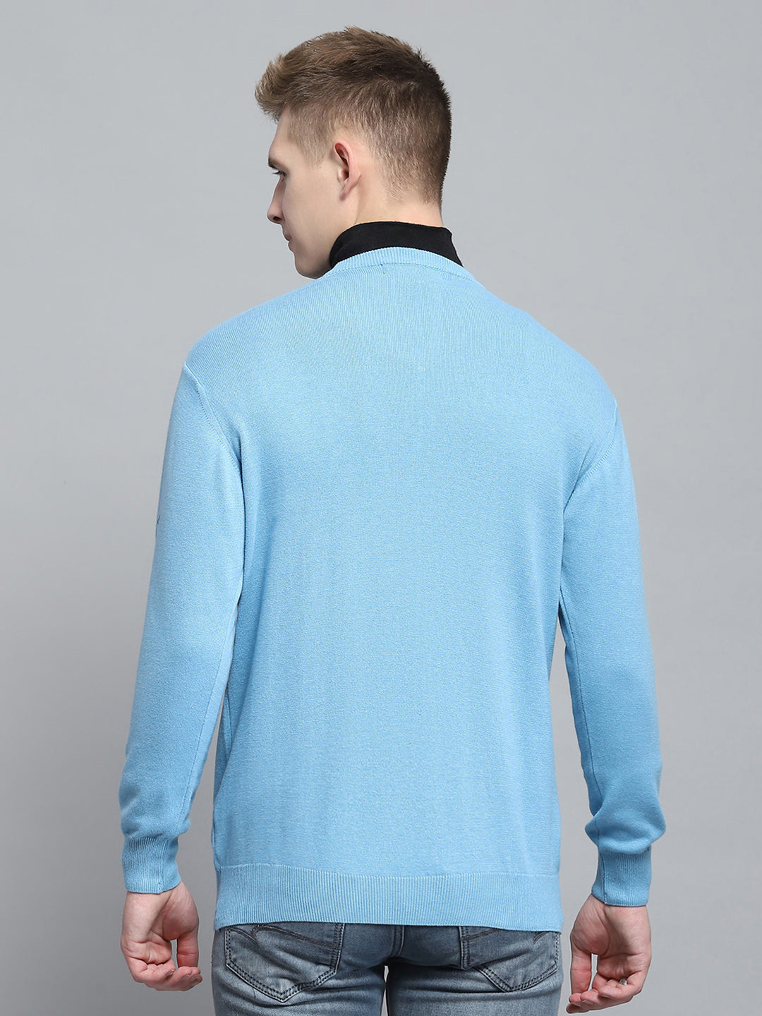 Men Blue Solid V Neck Full Sleeve Pullover