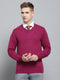 Men Maroon Solid V Neck Full Sleeve Pullover