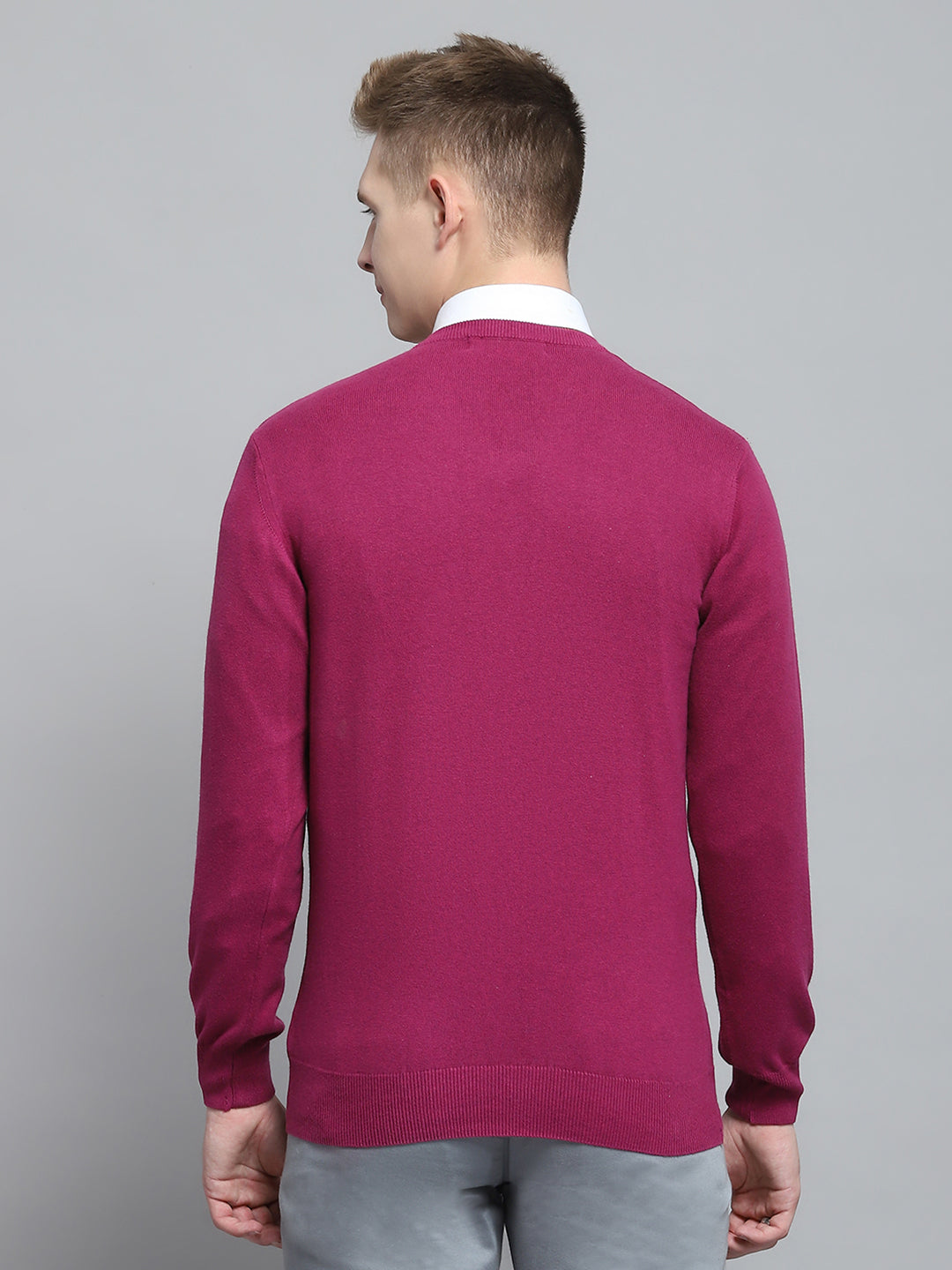 Men Maroon Solid V Neck Full Sleeve Pullover