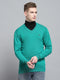 Men Green Solid V Neck Full Sleeve Pullover