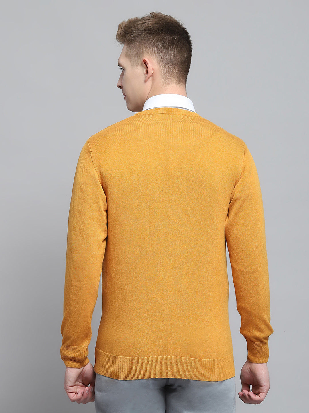 Men Mustard Solid V Neck Full Sleeve Pullover