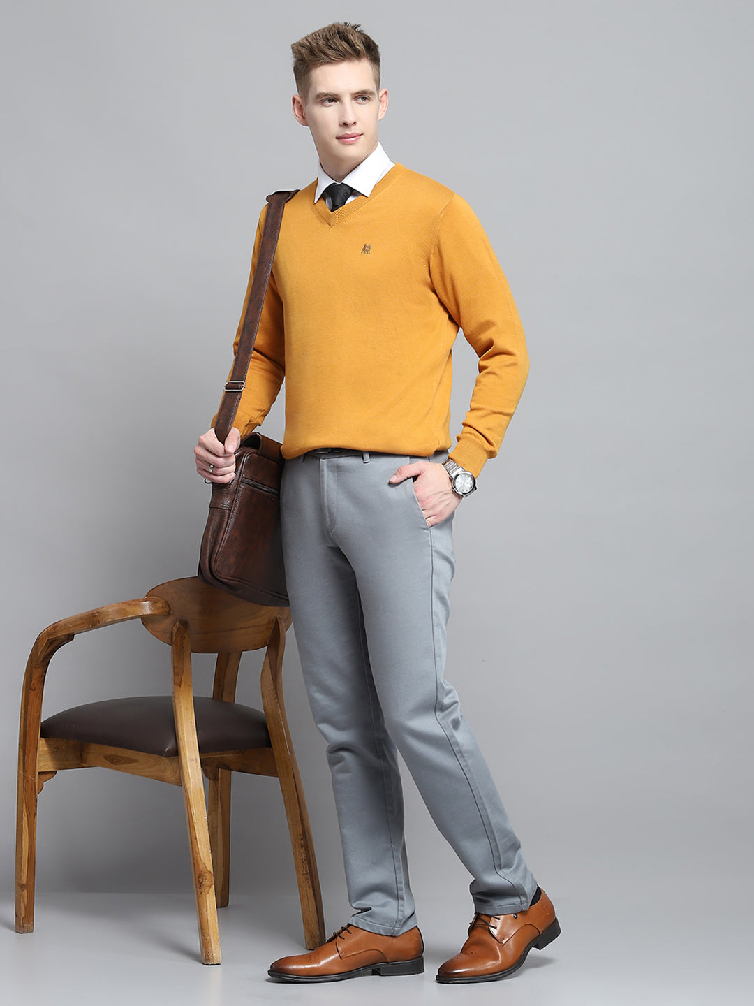Men Mustard Solid V Neck Full Sleeve Pullover