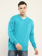 Men Blue Solid V Neck Full Sleeve Pullover