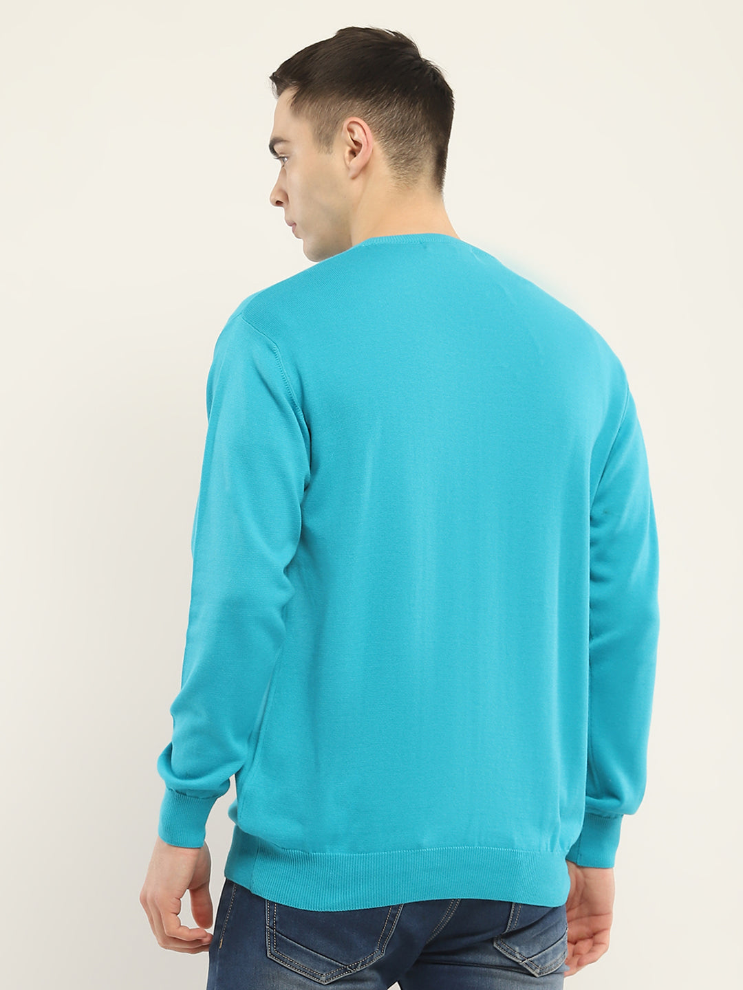 Men Blue Solid V Neck Full Sleeve Pullover