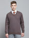 Men Brown Solid V Neck Full Sleeve Pullover