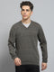 Men Olive Solid V Neck Full Sleeve Pullover