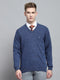 Men Blue Solid V Neck Full Sleeve Pullover