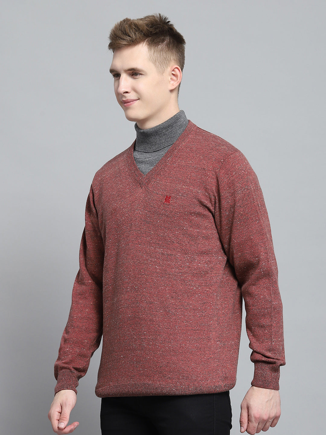 Men Pink Solid V Neck Full Sleeve Pullover