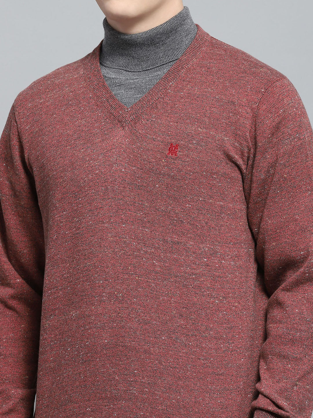 Men Pink Solid V Neck Full Sleeve Pullover