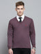 Men Purple Solid V Neck Full Sleeve Pullover