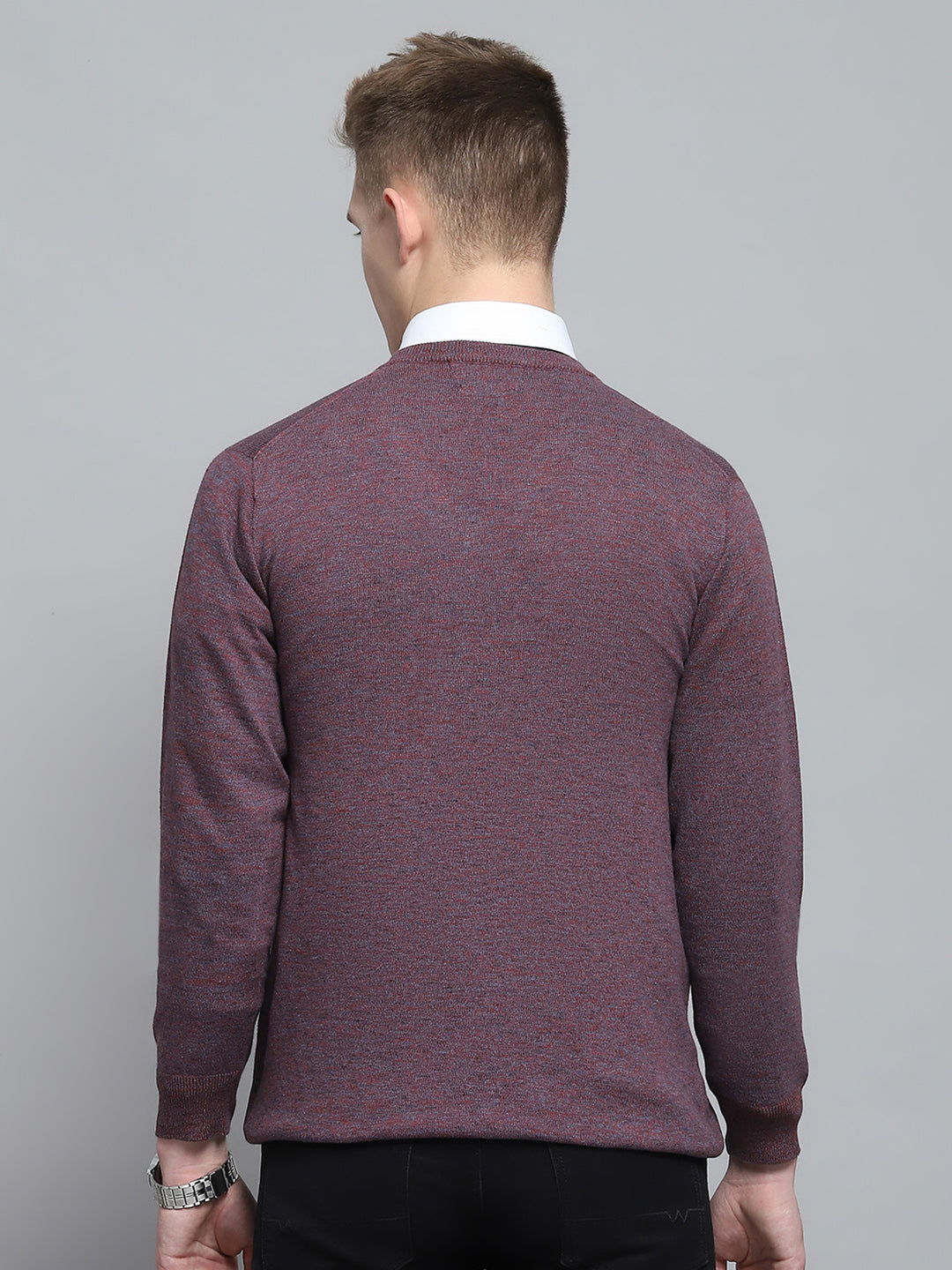 Men Purple Solid V Neck Full Sleeve Pullover