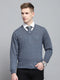 Men Blue Solid V Neck Full Sleeve Pullover
